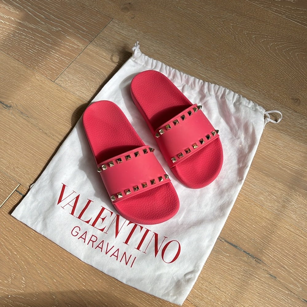 Valentino Rubber Slides Hot Pink Rockstud Accent size 37